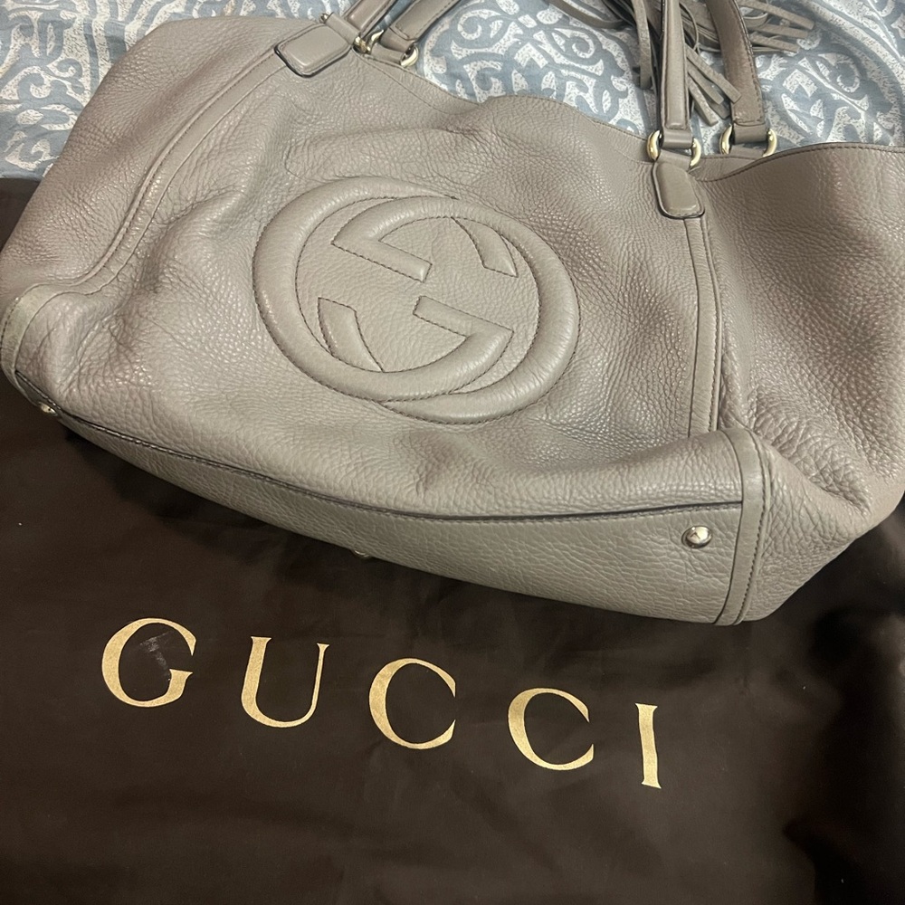 Authentic-Gucci Soho tote- Gray pebble Leather Shoulder Bag